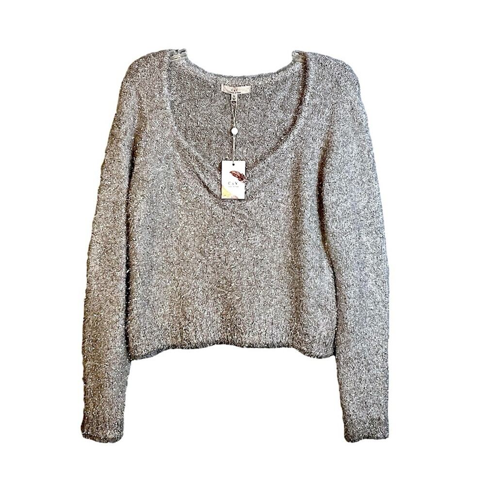 CHELSEA & VIOLET Silver Metallic Crop Party Sweater Plunge V Neck SZ XL NWT
